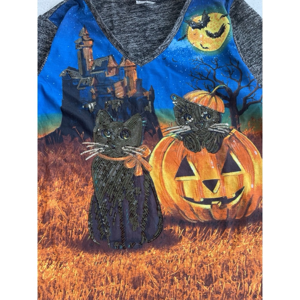 Thomas & Olivia V-Neck 3/4 Sleeve Halloween Sequin Cat & Pumpkin Shirt L - Picture 3 of 6